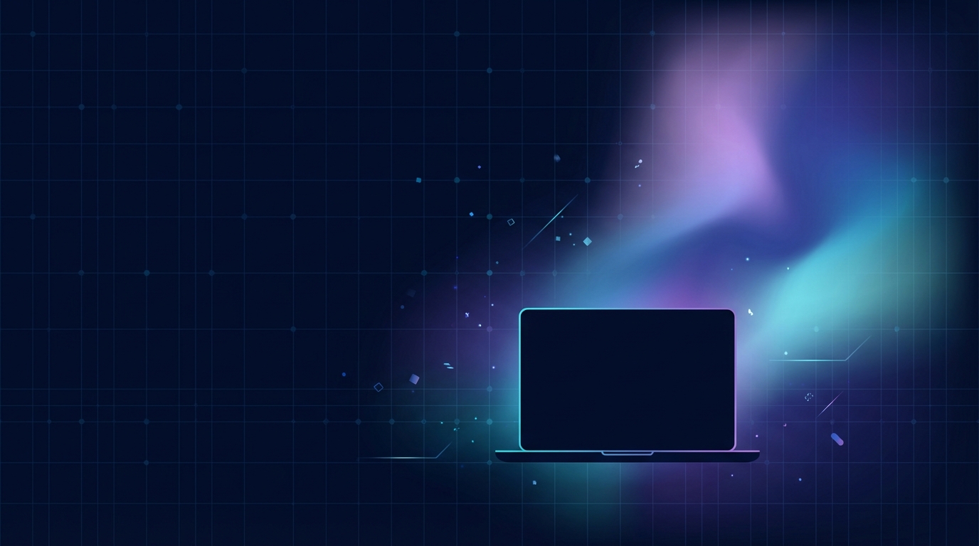 Developer workspace with laptop showing application code on screen